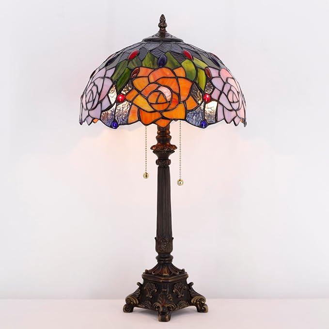 Tiffany Lamp Orange Rose Flower Style Stained Glass Table Lamp Desk Reading Light 12X12X21 Inches with Resin Base Decor Bedroom Living Room - Bloomnest