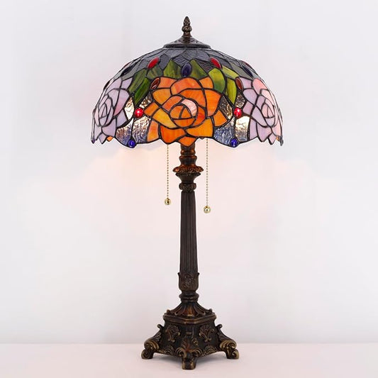 Tiffany Lamp Orange Rose Flower Style Stained Glass Table Lamp Desk Reading Light 12X12X21 Inches with Resin Base Decor Bedroom Living Room - Bloomnest