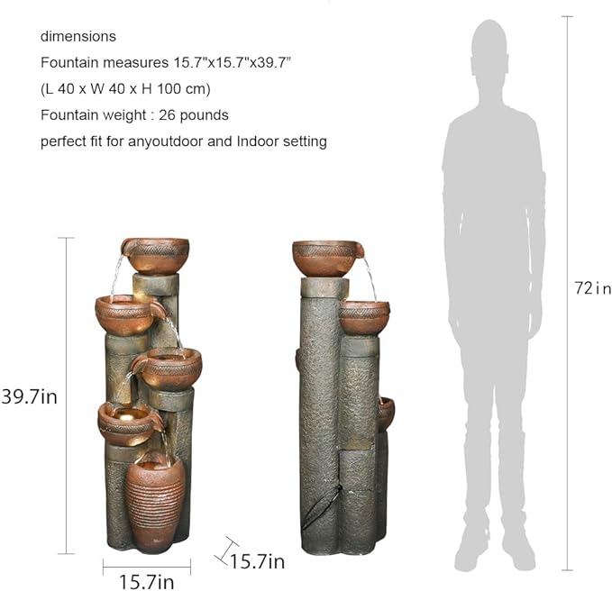 5 -Tier Outdoor Garden Water Fountain Decor, Resin Fountain for Garden, Floor Patio, Deck, Porch, Backyard and Home Art Decor (Brown, 39.7inch)