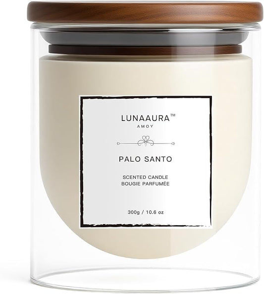 Scented Candles by LUNAAURA | Palo Santo - Sandalwood, Copaiba Balsam, Leather, Labdanum, Papyrus, Resin, Ebony | Aromatic Candle for Relaxation & Meditation | Long Lasting 65 Hour Burn Time(10.6 oz) - Bloomnest