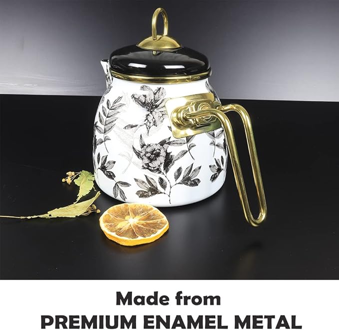 Vintage Turkish Teapot Tea Pots Kettle Set for Stovetop Stove Top Decorative Infuser Party Cups Glasses Floral Unique Boiler Samovar Strainer Loose Leaf Kitchen Style Enamel Decor (White-Black) - Bloomnest