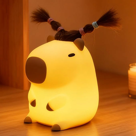 Cute Capybara Night Light with DIY Hairstyle ,Funny Squishy Silicone Animal Night Lamp, Dimmable/Timer Nursery Nightlight for Kids, Rechargeable Touch Bedside Lamp, Bedroom Decor, Baby Boys Girls Gift - Bloomnest