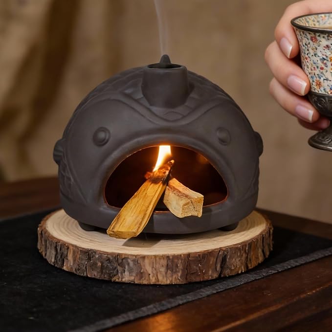 Handmade Black Fish-Shaped Palo Santo Holder - Charming Sage Burner for Cone Incense & Chiminea with Chimney - Thoughtful Gift for Energy Cleansing, Yoga, Spa, Altar Decor & Aromatherapy MOUGIGI