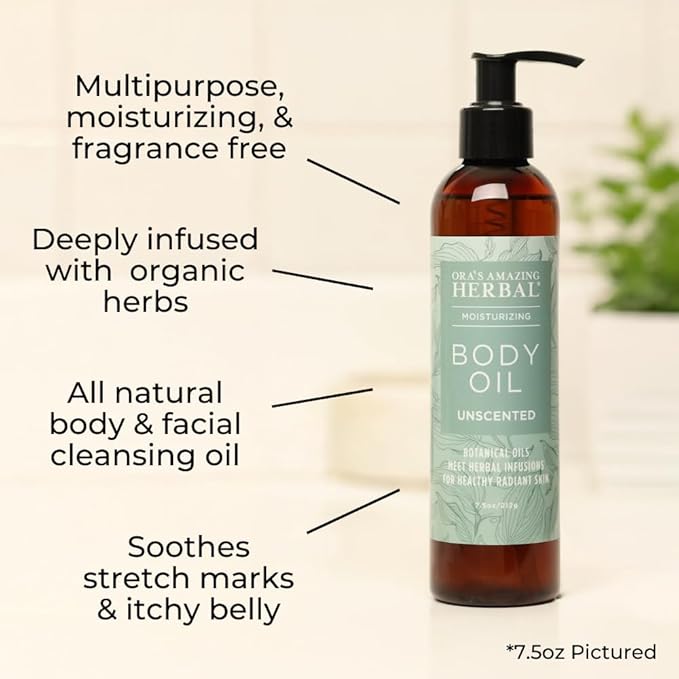 Ora's Amazing Herbal Unscented Body Oil, Fragrance Free Massage Oil with Pump, Moisturizing Body Oils for Men and Women, Herbal Infused Grapeseed Jojoba & Apricot with Calendula, 7.5 Fl Oz - Bloomnest
