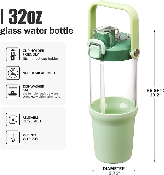 Glass Tumbler with Carry Handle, Clear Glass Water Bottle with Leakproof Lid, Spout Lid&Straw, BPA-Free, 32 oz, Light Green - Bloomnest