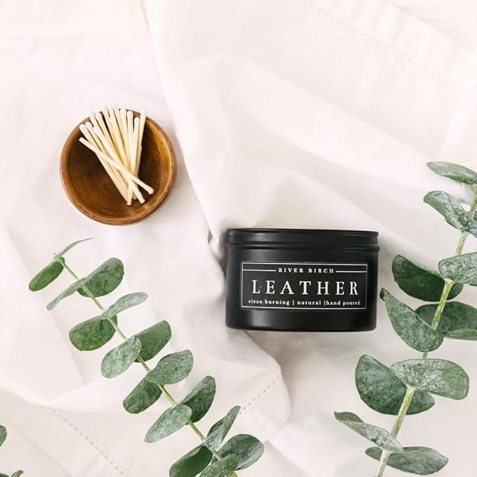 River Birch Leather Scented Candle - Premium, Natural, Non-Toxic, Soy Candles Ideal for Home Decor & Cozy Gifts - Black Matte Tin - 8 oz - Bloomnest
