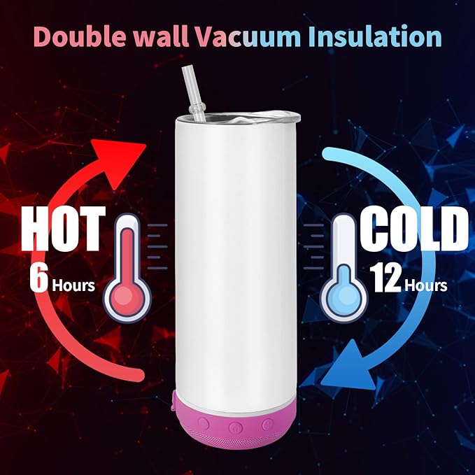 AGH 6 Pack Music Speaker Straw Lid Cup, 20oz Sublimation Skinny Stainless Steel Double Wall, Speaker Tumbler with Detachable LED Light, DIY Gifts (Multicolor) - Bloomnest
