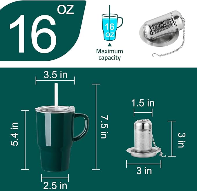 Sweejar Ceramic Travel Mug with Lid, 16 oz Portable Coffee Mug, Dishwasher Safe Tea Cup with Infuser, Reusable Teacup for Car Cup Holder, Tea Lovers(Jade) - Bloomnest
