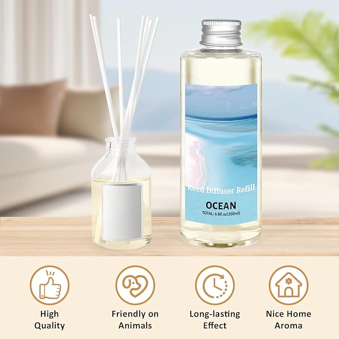 STRN Reed Diffuser Oil Refill, Ocean Scented Diffuser Oil Refills with 6 Reed Sticks 200ML(6.8fl.oz), Room Fresheners for Home, Long-Lasting Fragrance for Living Room, Bedroom, Office, Home Décor - Bloomnest