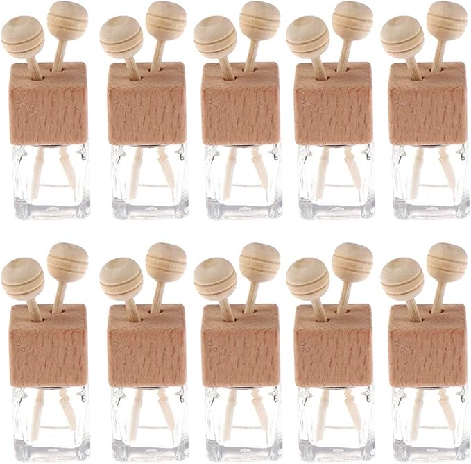 10 Pack,8ml Clear Glass Car Air Freshener Perfume Clip Diffuser,Empty Essential Oil Perfume Vials Diffuser Vent Outlet,Thick Glass Ornament With Wooden Caps,FREE Funnel,Dropper - Bloomnest