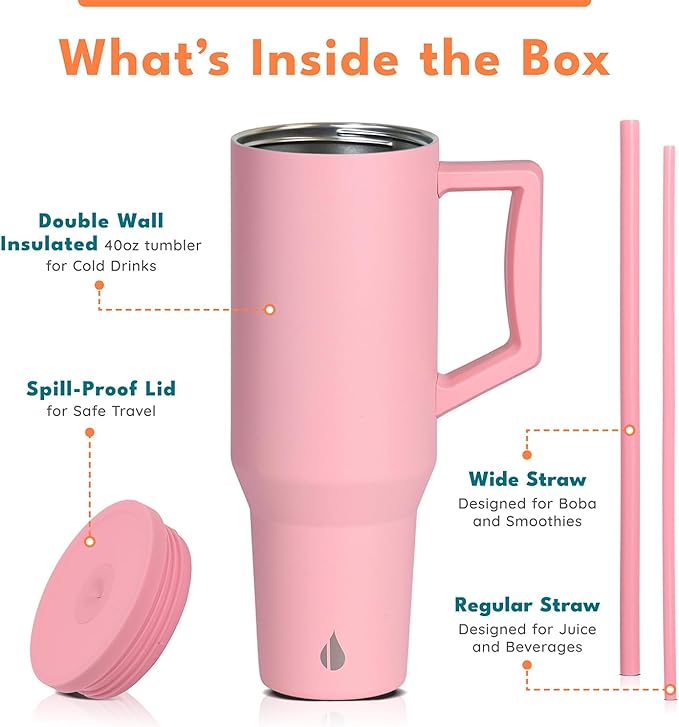 Elemental 40 oz Tumbler with Handle and Straw - Spill Proof Insulated Stainless Steel Commuter for Hot and Cold Beverages - Travel Coffee Mug with 2 Straws & Spill Proof Lid - 40oz - Rose - Bloomnest
