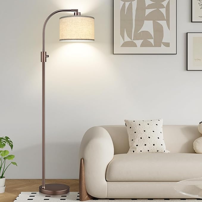 Upgraded Dimmable Floor Lamp, 1200 Lumens LED Bulb Included, Bronw Arc Floor Lamp with Linen Shade for Living Room, Bedroom, Reading Room, Nursery - Bloomnest