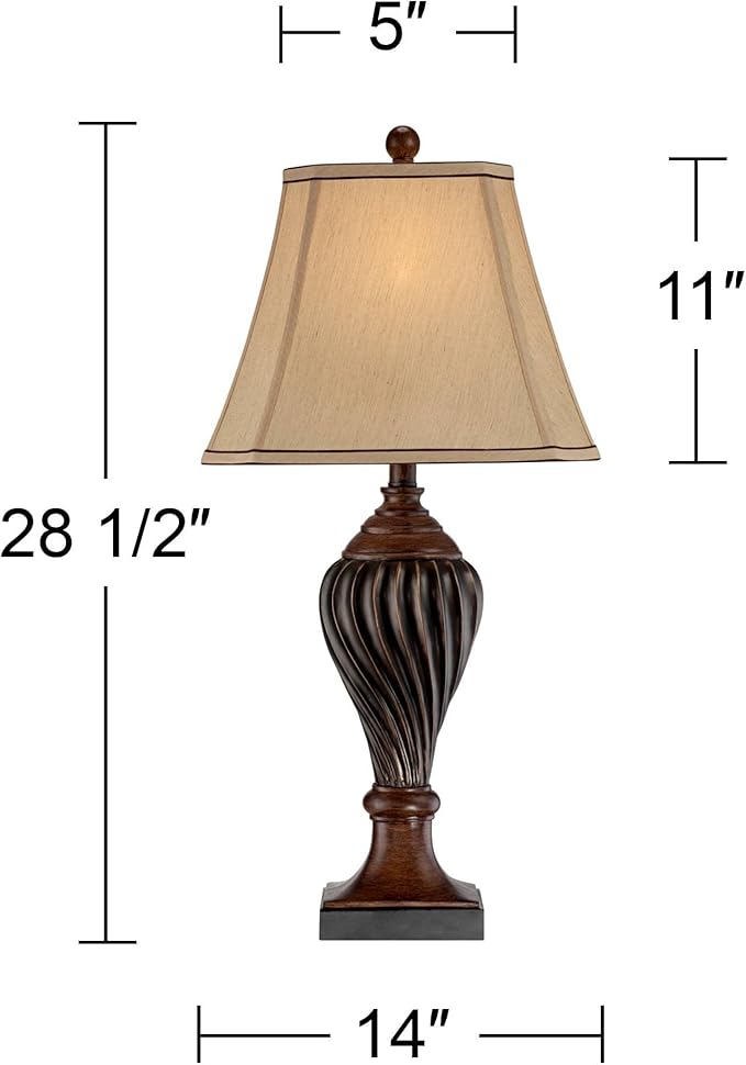 Regency Hill Traditional Style Table Lamp 28.5" Tall Carved Two Tone Brown Urn Shaped Ball Beige Fabric Rectangular Shade for Living Room Bedroom House Bedside Nightstand Home Office - Bloomnest
