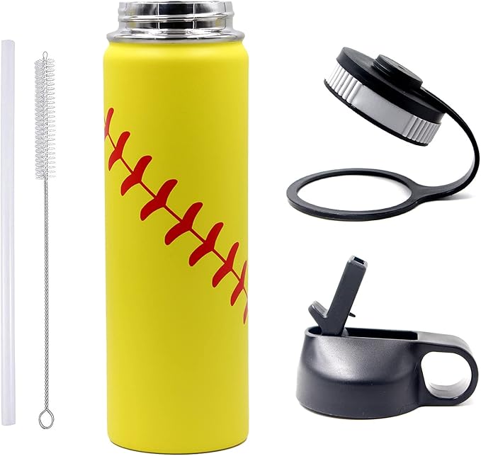 22 oz Softball Water Bottle, Wide Mouth Sports Flask Metal Travel Tumbler with 2 Lids, Stainless Steel Double Wall Vacuum Insulated Leak Proof Thermo Water Bottles, Softball Stuff Gifts for Mom Girls - Bloomnest