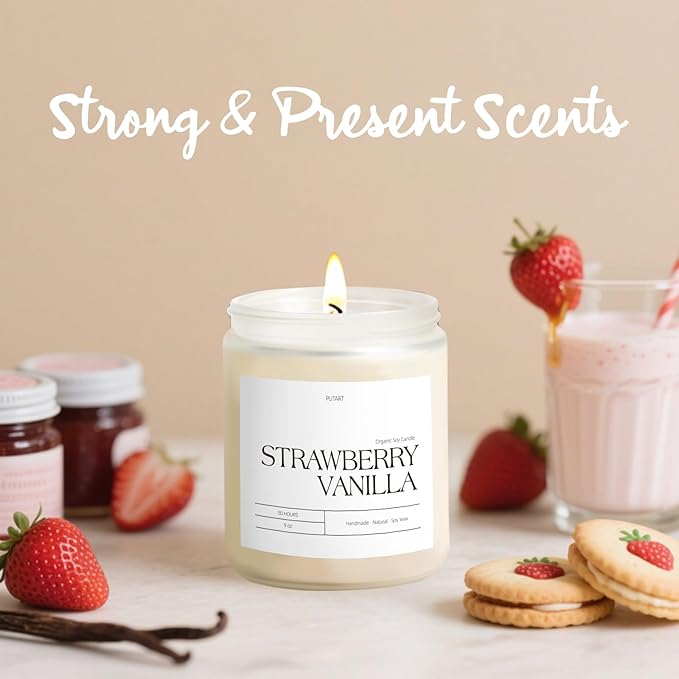 Strawberry Vanilla Highly Scented Candle for Home, 9oz Natural Soy Aromatherapy Non Toxic Candles with Essential Oil, Home Fragrance Stress Relief & Meditation Jar Candles Gifts for Women & Men - Bloomnest
