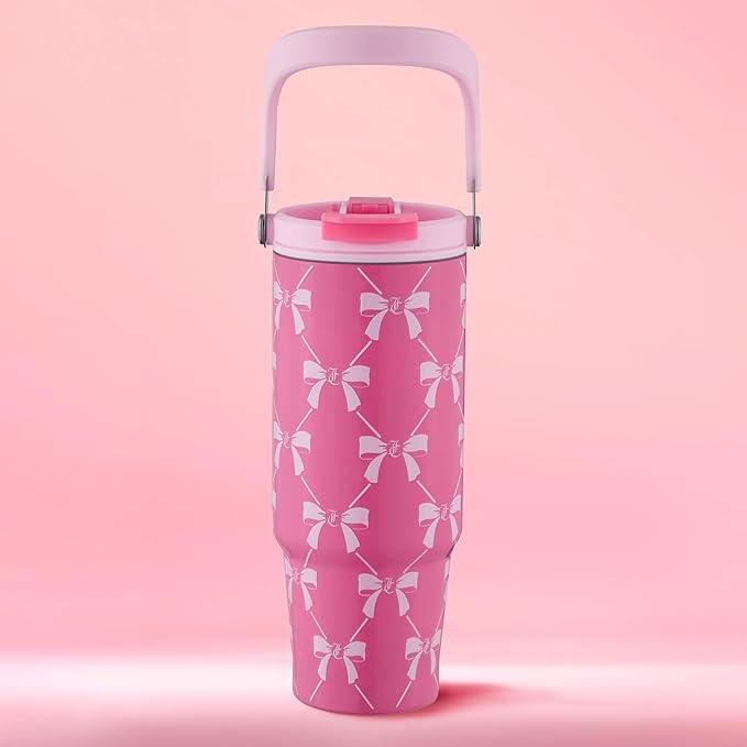 Juicy Couture Flip Fusion Hydration 40oz Stainless Steel Tumbler with Flip Handle, Pink Bows - Bloomnest