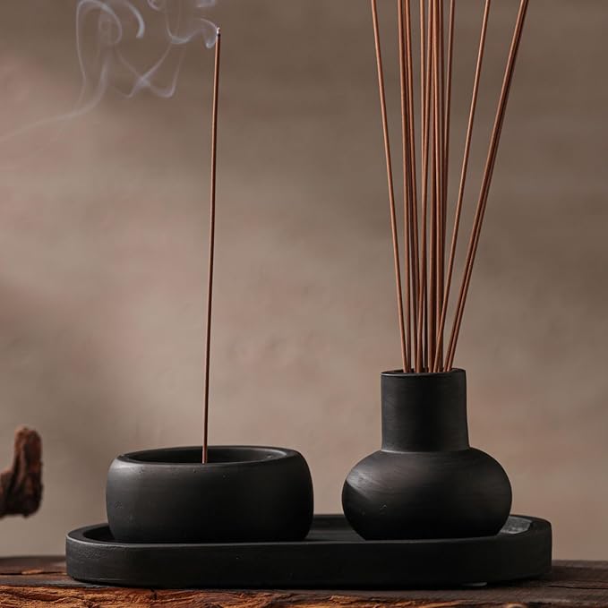 Concrete Incense Burner Set with Holder and Tray,Multifunction Incense Holder for Burning Sage,Palo Santo,Incense Sticks,Ideal for Meditation Home Decor(Black) - Bloomnest