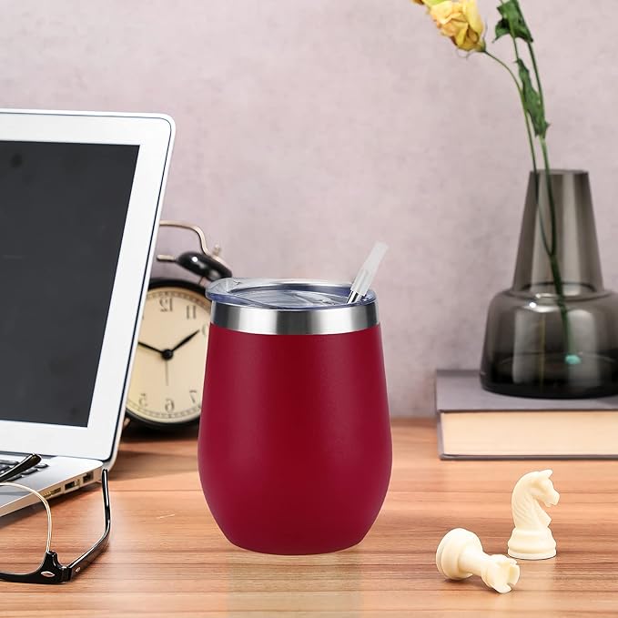 12 Pack Stainless Steel Wine Tumblers, 12Oz Double Wall Vacuum Insulated Wine Tumblers with Lids and Straws, Stainless Steel Stemless Wine Glasses for Coffee, Wine, Cocktails, Champaign, Wine Red… - Bloomnest