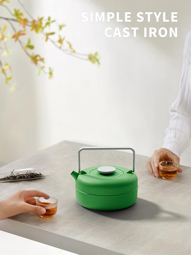 Toptier Teapot with Removable Infuser, Cast Iron Tea Kettle Stovetop Safe, Solid Geometry Cylinder Design Tea Pot Coated with Enameled Interior for 27 Ounce (800 ml), Emerald Green - Bloomnest