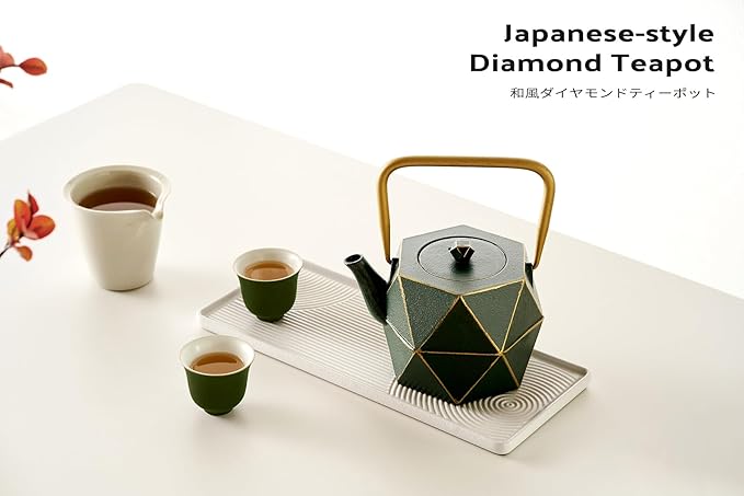 Toptier Cast Iron Teapot, Stovetop Safe Japanese Cast Iron Tea Kettle, Diamond Design Tea Pot with Removable Infuser for Loose Tea, 30 Ounce (900 ml), Dark Green - Bloomnest