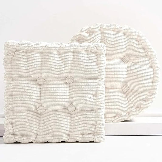 Meditation Floor Pillow Set of 2 Large Square and Round Floor Cushions for Adults White Corduroy Floor Seat Pillows Cushion for Living Room Balcony Tatami Yoga,18x18 Inch - Bloomnest