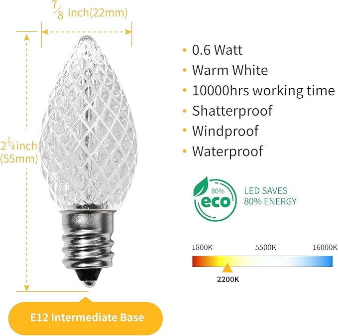 Meconard C7 Led Replacement Christmas Light Bulbs, C7 Shatterproof Led Bulbs for Christmas Indoor Outdoor String Lights, E12 Candelabra Base, Commercial Grade Holiday Bulbs, Warm White, 50 Pack - Bloomnest