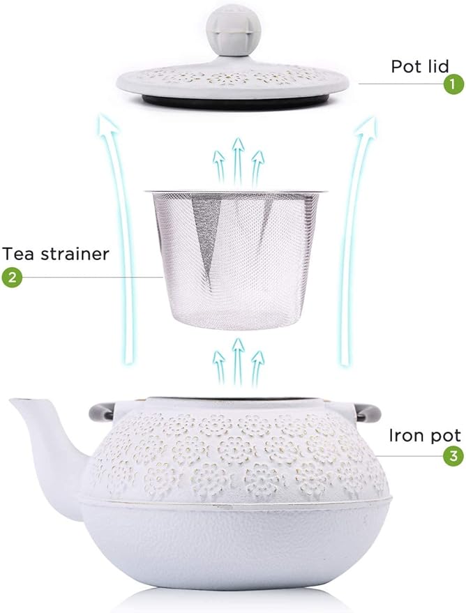Sotya Cast Iron Teapot, 40oz/1200ml Japanese Tetsubin Tea Pot with Infuser for Loose Leaf and Tea Bags, Tea Kettle Coated with Enameled Interior for Stove Top, White - Bloomnest