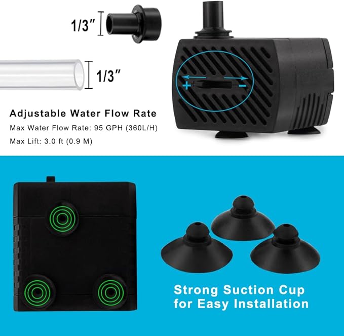 PULACO 95GPH 5W Mini Submersible Water Pump for Aquarium Fish Tank, Pond, Fountain, Hydroponics - Bloomnest