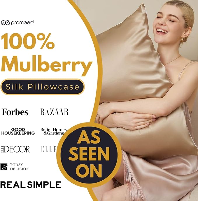 PROMEED 100% Silk Pillowcase for Hair and Skin, Both Sides Grade 6A+ 23mm Mulberry Silk Pillow Case with Hidden Zipper, 1400 TC, Soft & Smooth (Queen 20"x30", Champagne) - Bloomnest