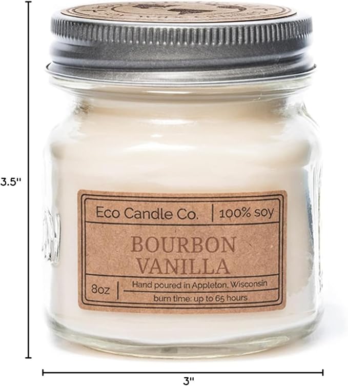 Eco Candle Co. Mason Jar Candle, Bourbon Vanilla, 8 oz. - Scents of Bourbon, Vanilla, Tonka Bean, Cedarwood, & Cardamom - 100% Soy Wax, Kraft Label & Antiqued Pewter Lid, Hand Made, Midwest Soybeans - Bloomnest