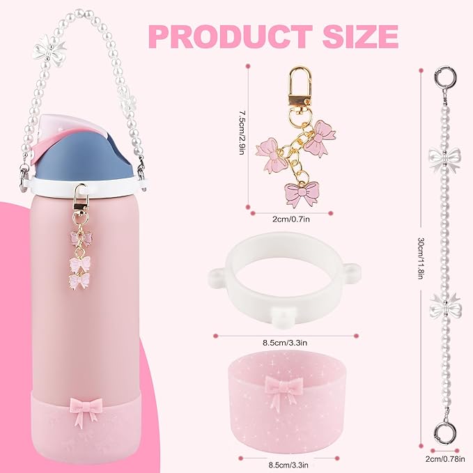 Water Bottle Accessories Set for Owala FreeSip 24oz、32 oz– Includes Pearl Handle Strap, Bow Charms,2.9in .3inch Silicone Bling Boot for Owala Accessories for Women Bloomnest