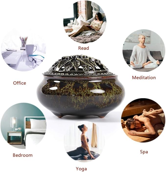 Incense Burner with Calabash Incense Stick Holder - Porcelain Charcoal Censer for Use with Resin Granular Powder Cone or Coil Incense (Fambe Green) - Bloomnest