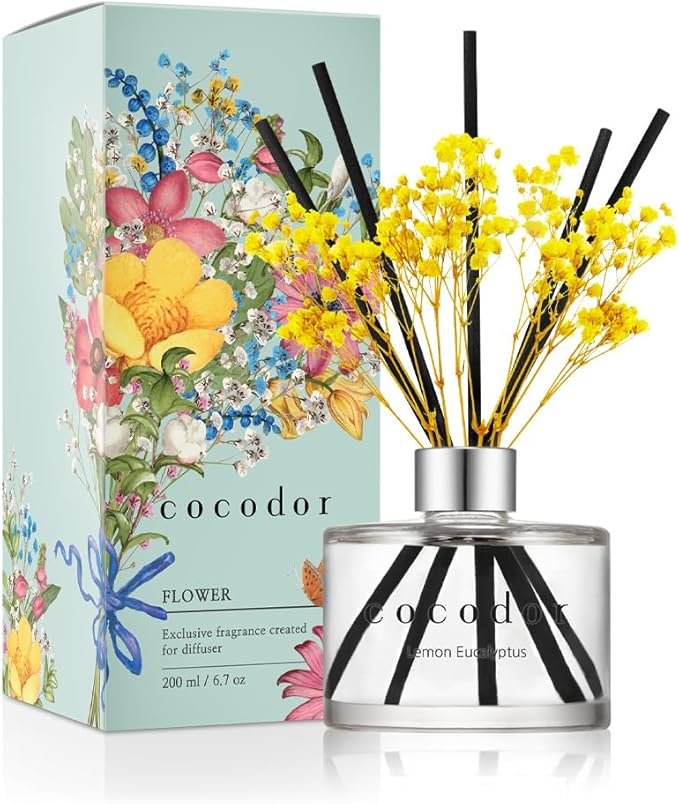 COCODOR Flower Reed Diffuser Set / 6.7oz / Lemon Eucalyptus/Scent Diffuser with Sticks Home Fragrance Reed Diffuser for Bathroom Shelf Decor - Bloomnest