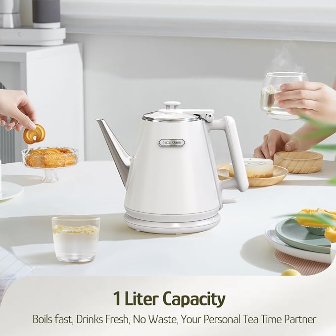 Hazel Quinn Electric Kettle - 1L/34oz Small Tea Kettle, 800W Fast Boil, All 304 Stainless Steel Interior, Double Wall for Cool Touch and Thermal, Auto Shut-Off, BPA-Free, Cordless - Pearl White - Bloomnest