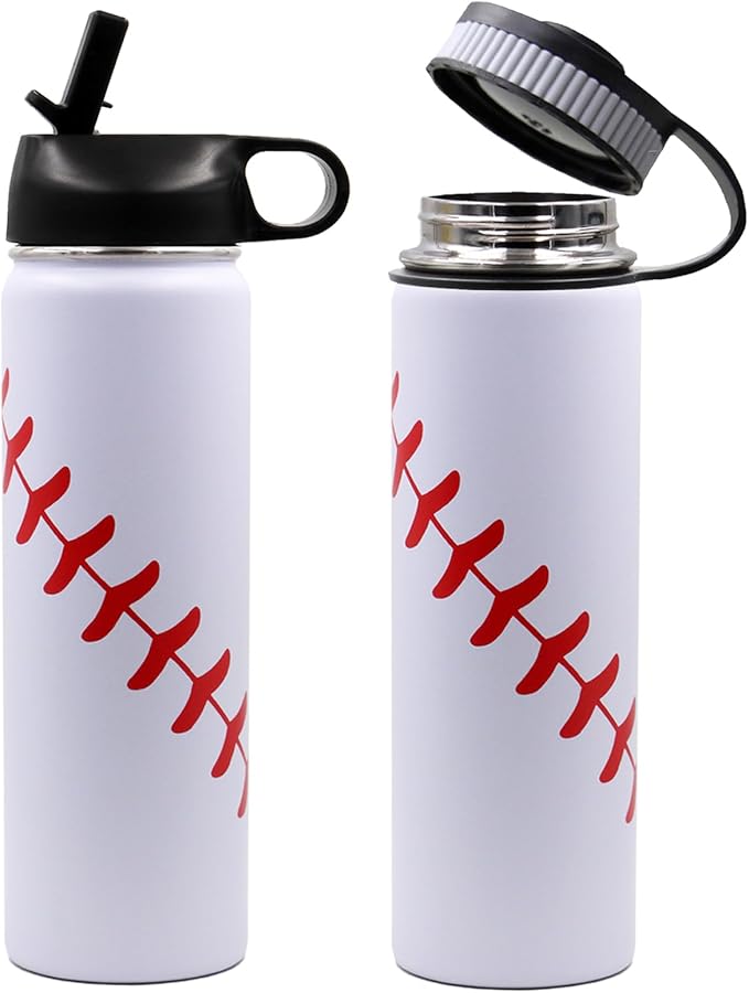 22 oz Baseball Water Bottle, Sports Flask Metal Travel Tumbler with 2 Lids, Stainless Steel Double Wall Vacuum Insulated Leak Proof Thermo Water Bottles, Baseball Accessories Gifts for Mom Boys Girls - Bloomnest