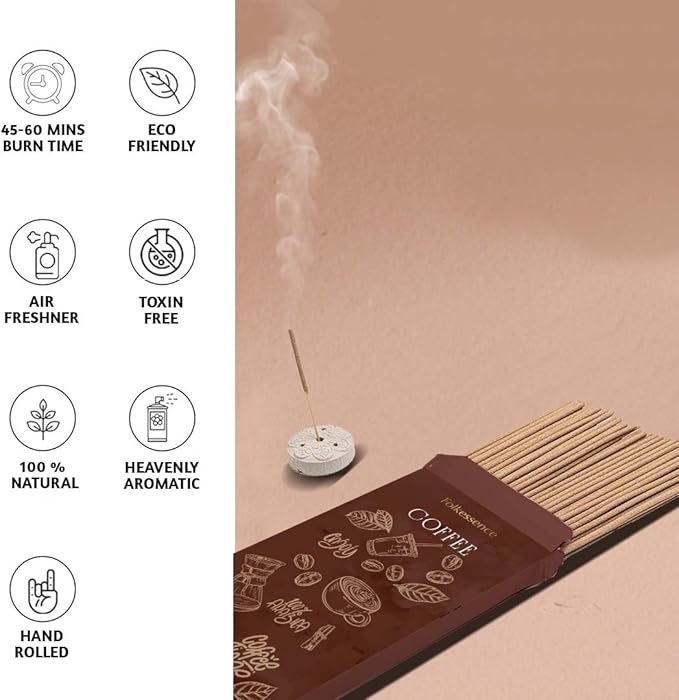 Folkulture Incense Sticks with Holder (100 Sticks)| Premium Coffee Incents Stick for Focus, Energy, Relaxation Gifts for Women | No Charcoal,Organic,Non Toxic, 45 Mins, Long Burning Insence-Sticks FOLKULTURE