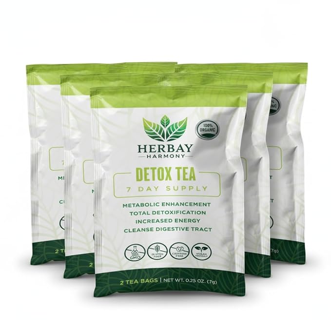 Herbay Harmony Organic Detox Tea – Caffeine-Free Herbal Cleanse for Bloating Relief, Digestive Tea & Natural Body Detox, Organic Herbal Blend with Ginger, Chamomile & Papaya - 4 Pack (4‑Week Detox Kit) - Bloomnest
