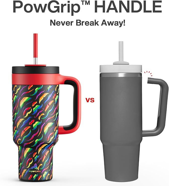 POWCAN 40 oz Tumbler with Handle, 2-in-1 Straw and Sip Lid, Leakproof, Dishwasher Safe, Insulated Stainless Steel Travel Coffee Mug, Keeps Cold for 34 Hours, Fits in Car Cup Holder (Rainbow Whiskers) - Bloomnest