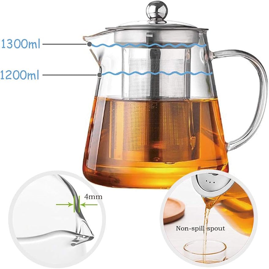 Glass Teapot with Infuser Tea Pot 32oz/43oz Tea Kettle Stovetop Safe Blooming and Loose Leaf Tea Maker Set (43oz/ 1300ml) - Bloomnest