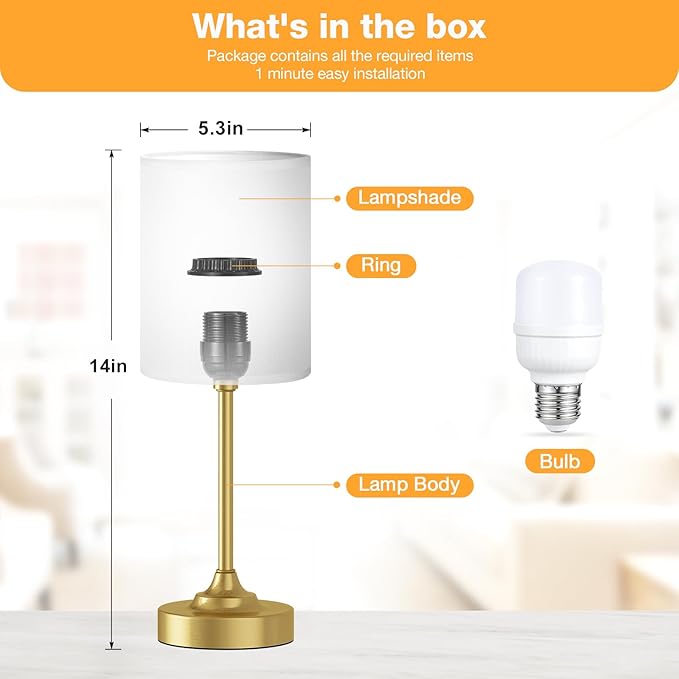 Fenmzee Gold Nightstand Bedroom Lamp - 3 Way Dimmable Bedside Lamp, Small Table Lamp Linen Lampshade for Office Desk, LED Bulb Included - Bloomnest