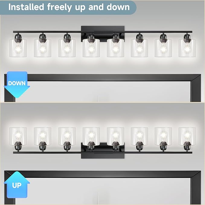 Modern 8 Light 52 inch Vanity Lights for Bathroom with Clear Glass, Black Bathroom Light Fixture for Mirror Kitchen Living Room Hallway Cabinet Porch - Bloomnest