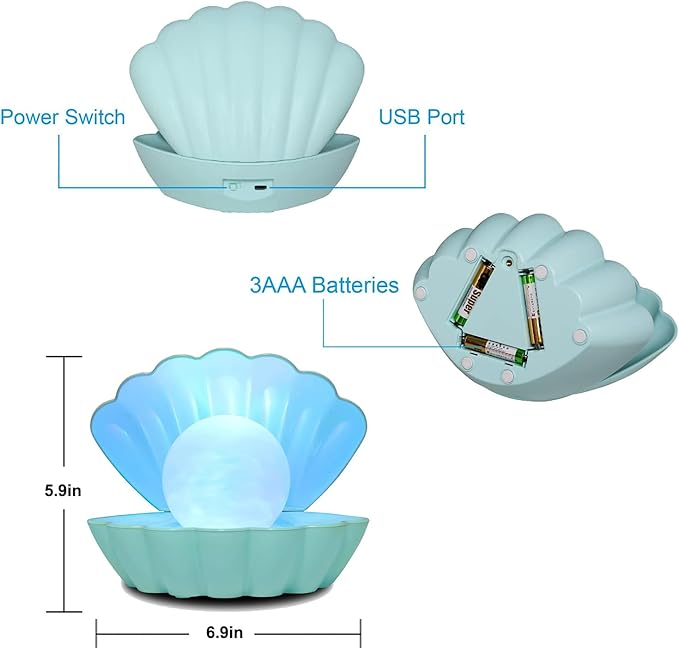 Shell Pearl Beach Themed Night Light, RGB 8 Colors Changing Mood Shell Pearl Lamps, Bedside LED Clamshell Portable Night Lights for Bar (Green) - Bloomnest