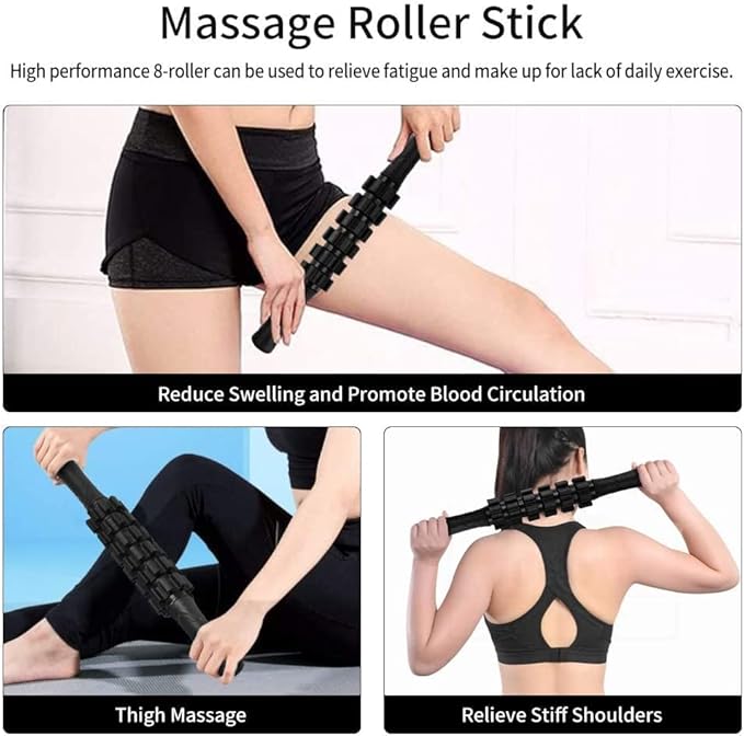 6 in 1 Foam Roller Set Includes Hollow Core Massage Roller, Yoga Stick, Massage Ball, Fitness Stretching Strap, Carrying Bag, Towel, Massage Roller (Black) - Bloomnest