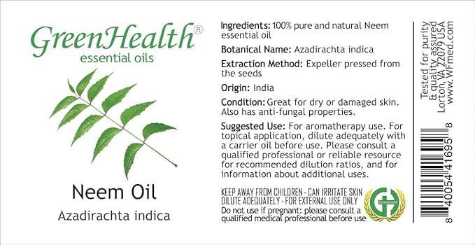 Neem Essential Oil – 2 fl oz (59 ml) Glass Bottle w/Cap – 100% Pure Essential Oil – GreenHealth