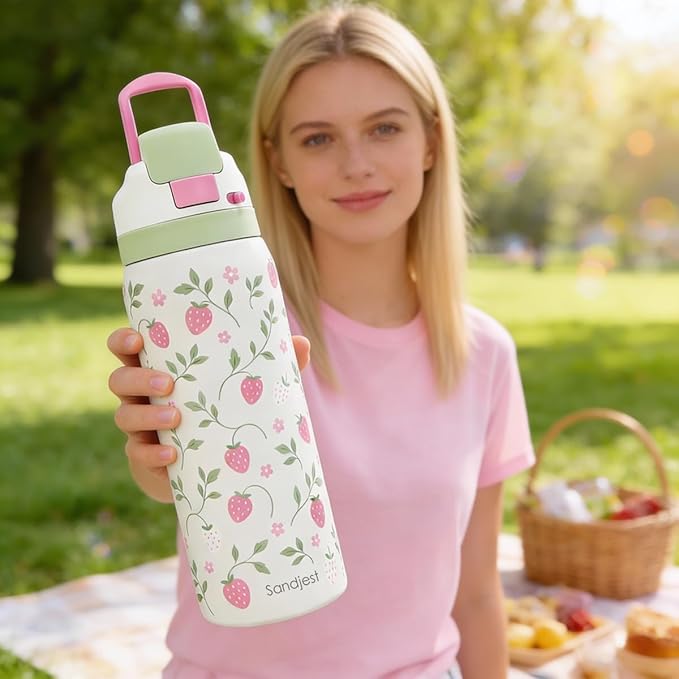 Strawberry Stainless Steel Water Bottle, Vacuum Insulated, Push-Button Lid, 32 oz, Gifts for Women Girls Friends Teens Birthday Christmas SANDJEST