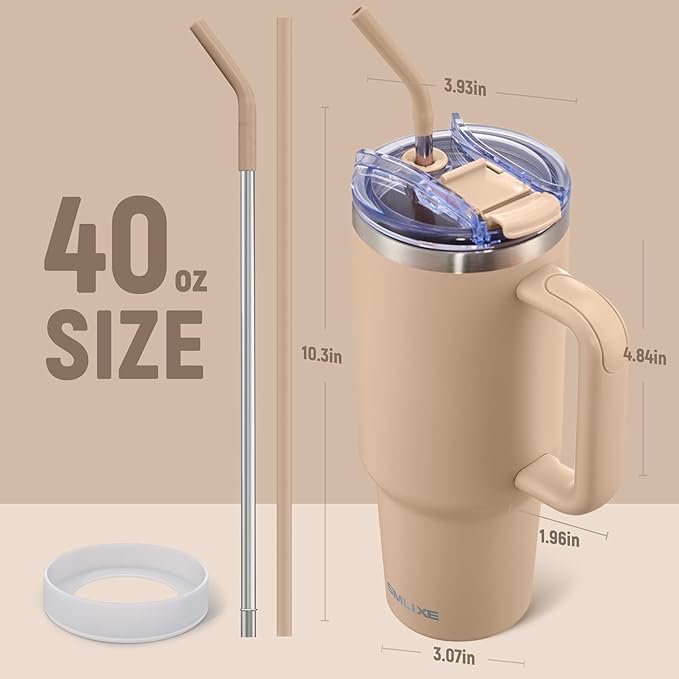 40 oz Tumbler with Handle and Straw Lid,Insulated Reusable Stainless Steel Water Bottle Travel Mug，Cupholder Friendly Double Wall Vacuum Sealed Cup (Mocha) - Bloomnest