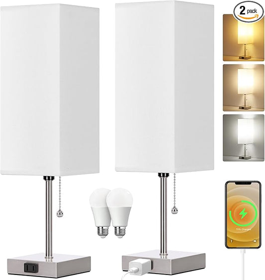 Table Lamp for Bedroom set of 2,3-Color Bedside Lamps with Pull Chain Table Lamps for Nightstand with AC Outlets,18'' Night Light Lamps with 2 Bulbs Lamps for Living Room Kids Office Decor（Nickel） - Bloomnest