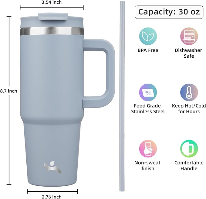 30 oz Tumbler with Handle and 2 Straws,2 in 1 Lid Insulated Water Bottle Stainless Steel Travel Coffee Mug,Lavender - Bloomnest