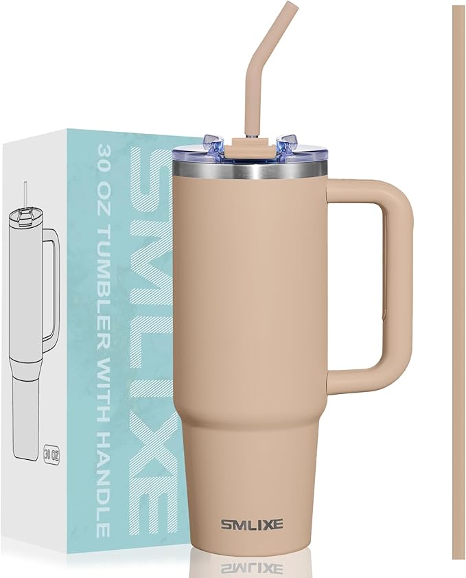 30 oz Tumbler with Handle, Tumbler with Lid and Straw, Double Wall Vacuum Insulated Travel Mug Stainless Steel Tumbler for Hot and Cold, Cupholder Friendly (Mocha) - Bloomnest