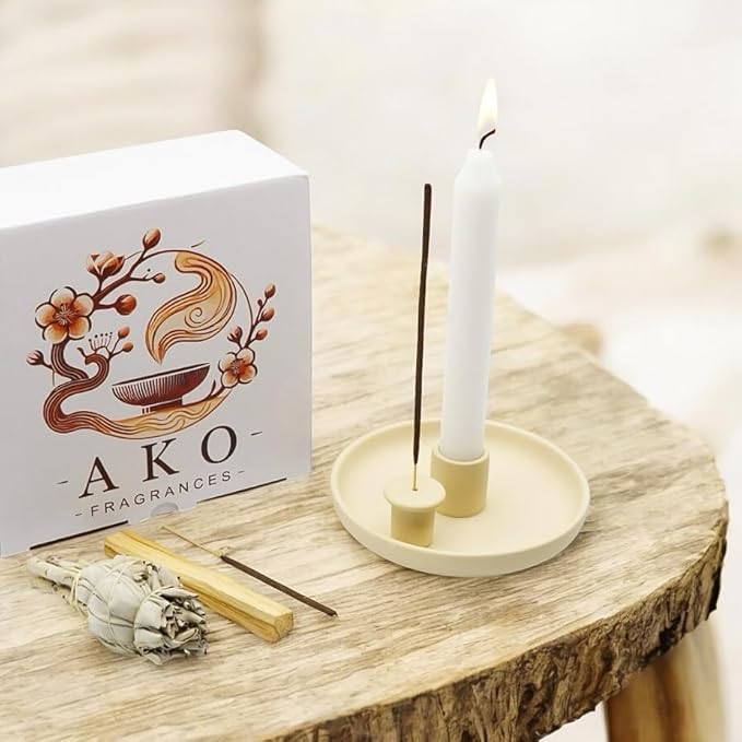 4 in 1 Incense Burner Holder - Multi-Purpose Ceramic Incense Stick Holder, Palo Santo Holder for Clean Burning, Sage Meditation Burner Set, Candle Holder for Aromatherapy (Matte Beige) - Bloomnest
